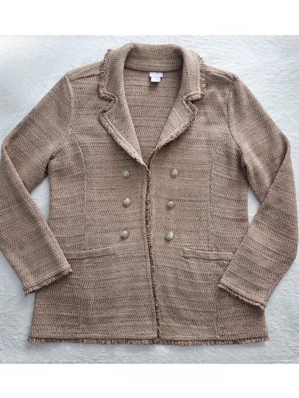 Chico's Metallic Tweed Sweater Blazer, Super Soft Layering Piece Tan & Gold LG - Picture 13 of 16